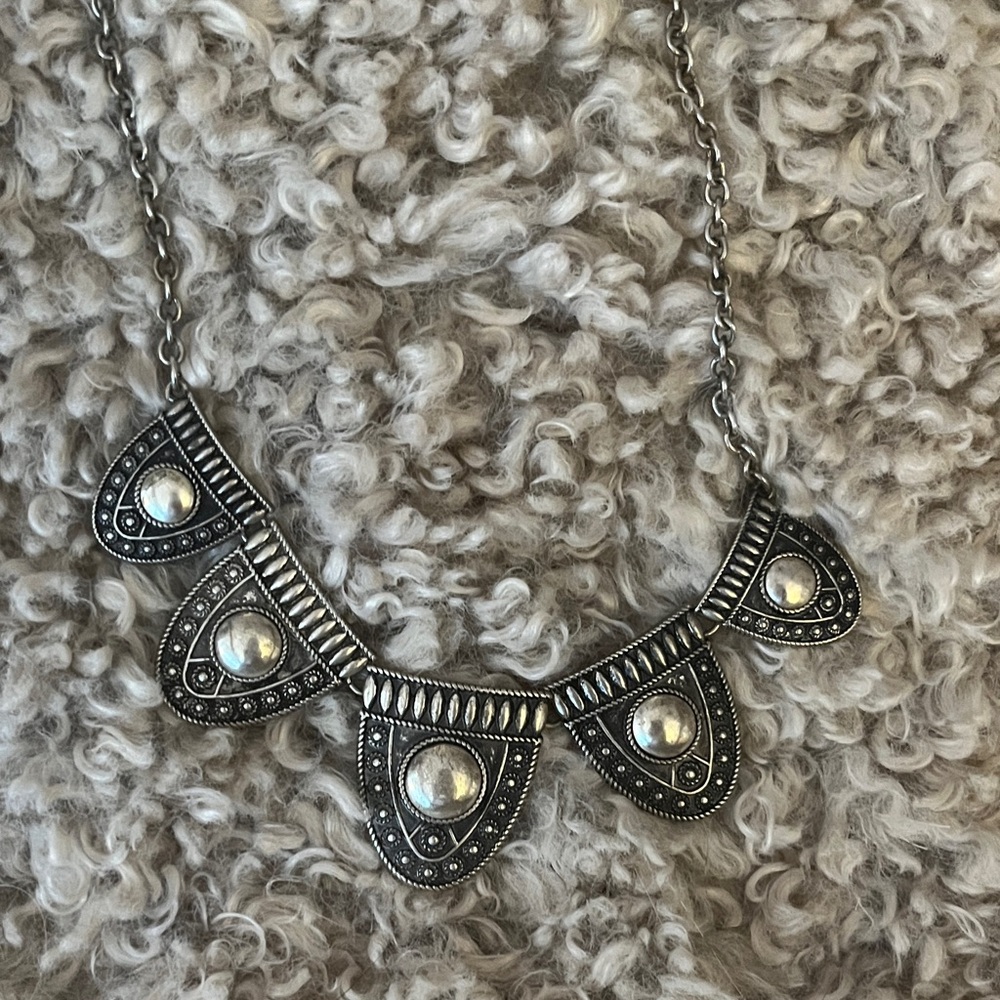Viking-style bib necklace. Antique Silvertone statement piece.